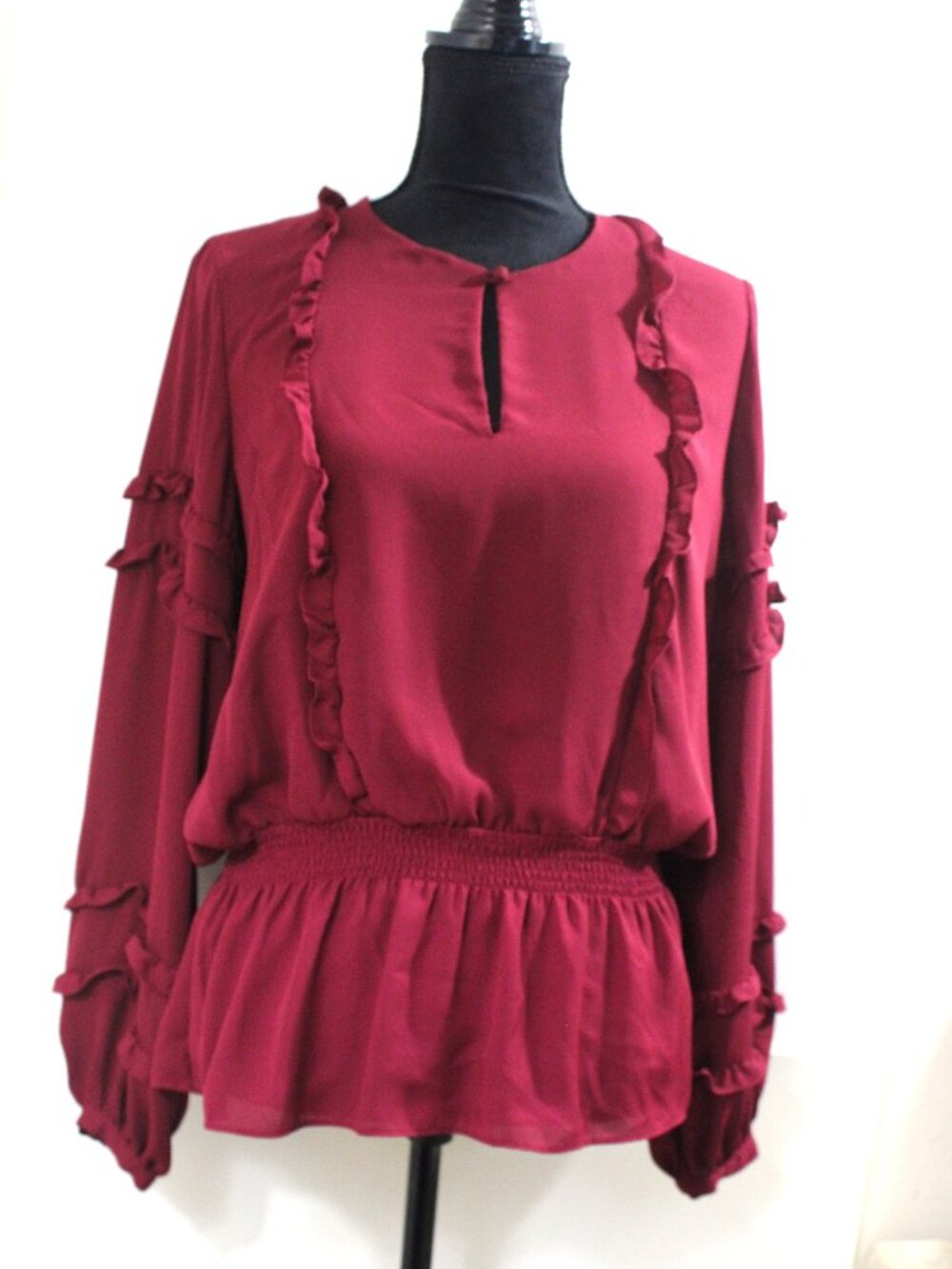 Lauren Ralph Lauren, Fairy Core Romantic, Burgundy Blouse, Ruffles, in Size L